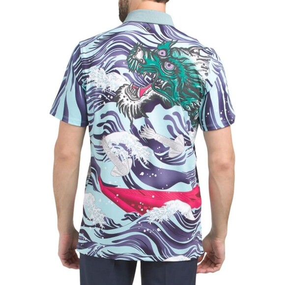 NWT Greyson Polo Shirt Mens XL Mythical Sea Dragon Skystone Japan Waves AOP Golf - Picture 2 of 5